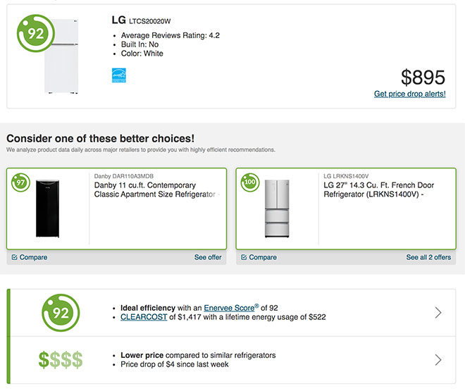 Screenshot of LG refrigerators on Power Smart shop website. Showing some of the product details, including an overall efficiency rating, average retailer/expert reviews rating,  price rating, and links to other products with an even higher rating than the product selected.