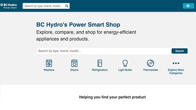 Screenshot of Power Smart Shop website main page. Explore, compare and shop for energy-efficient appliances and products.