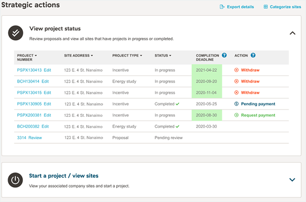 Screenshot of the project status dialogue in the CEM Hub