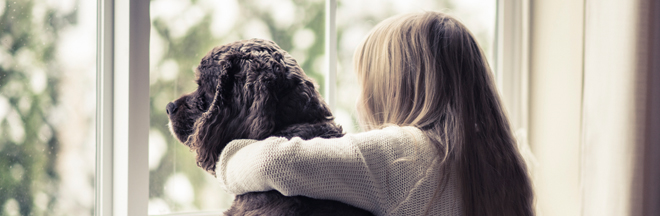 girl hugging dog looking out window girl hugging dog looking out window