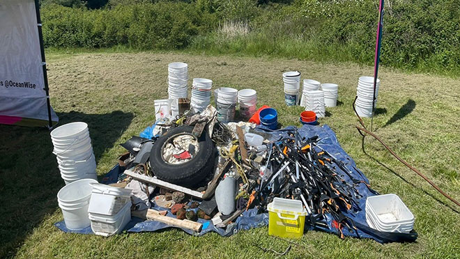 Shoreline trash collected by Team Power Smart members at Island View Regional Beach in Saanichton, B.C.