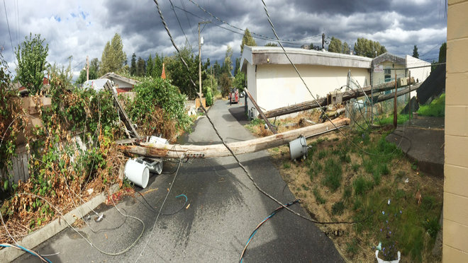 Fallen power pole during a storm in Abbotsford Fallen power pole during a storm in Abbotsford