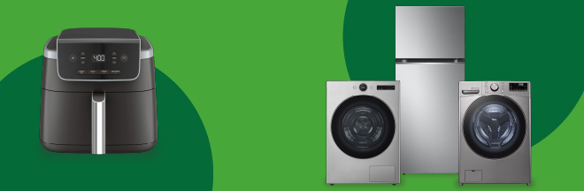 An air fryer on the left, and a silver washing machine, top-freezer refrigerator, and front-load dryer on the right, over a green background.