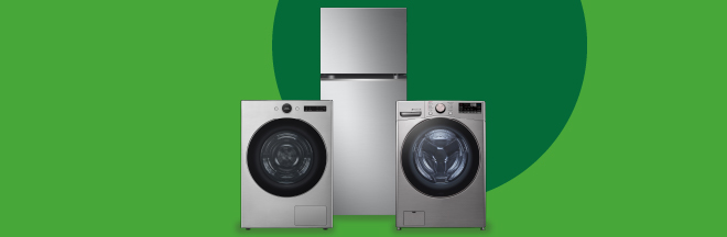 A silver washing machine, top-freezer refrigerator, and front-load dryer, over a green background.