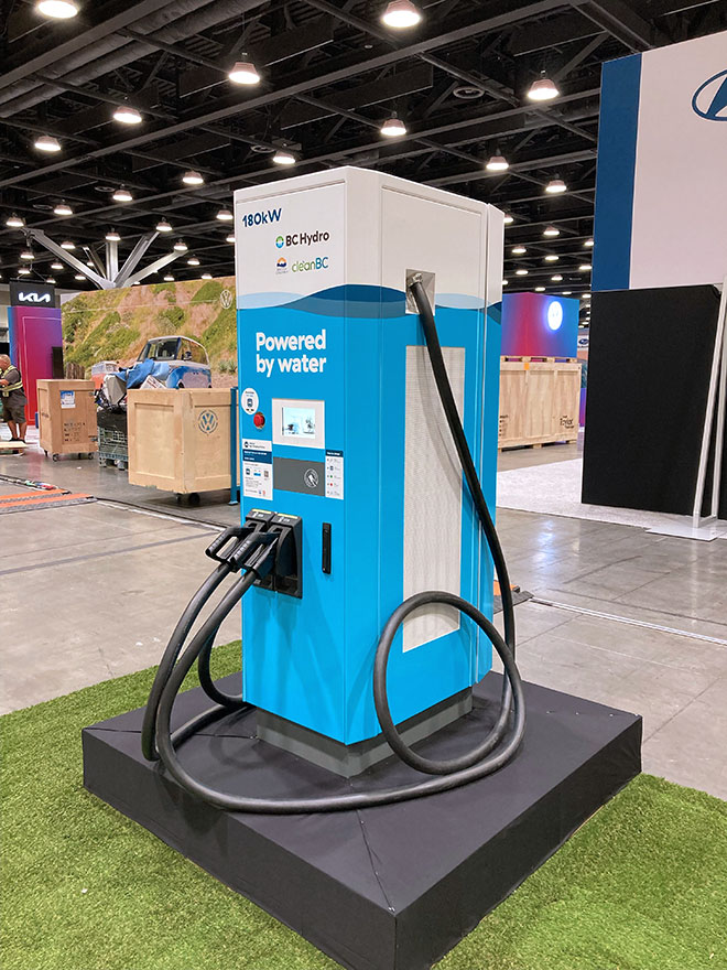 A new 180 kW EV charging station on display at Fully Charged LIVE Canada in Vancouver