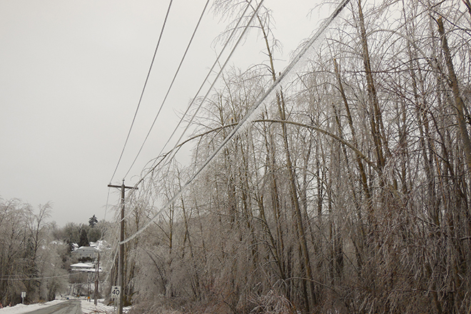 Ice covered power lines during winter snow storm Ice covered power lines during winter snow storm
