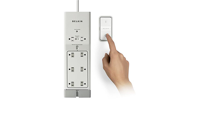 Image of a Belkin surge protector with a remote