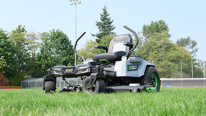 One of Premier Landscaping's electric-powered EGO mowers at SFU