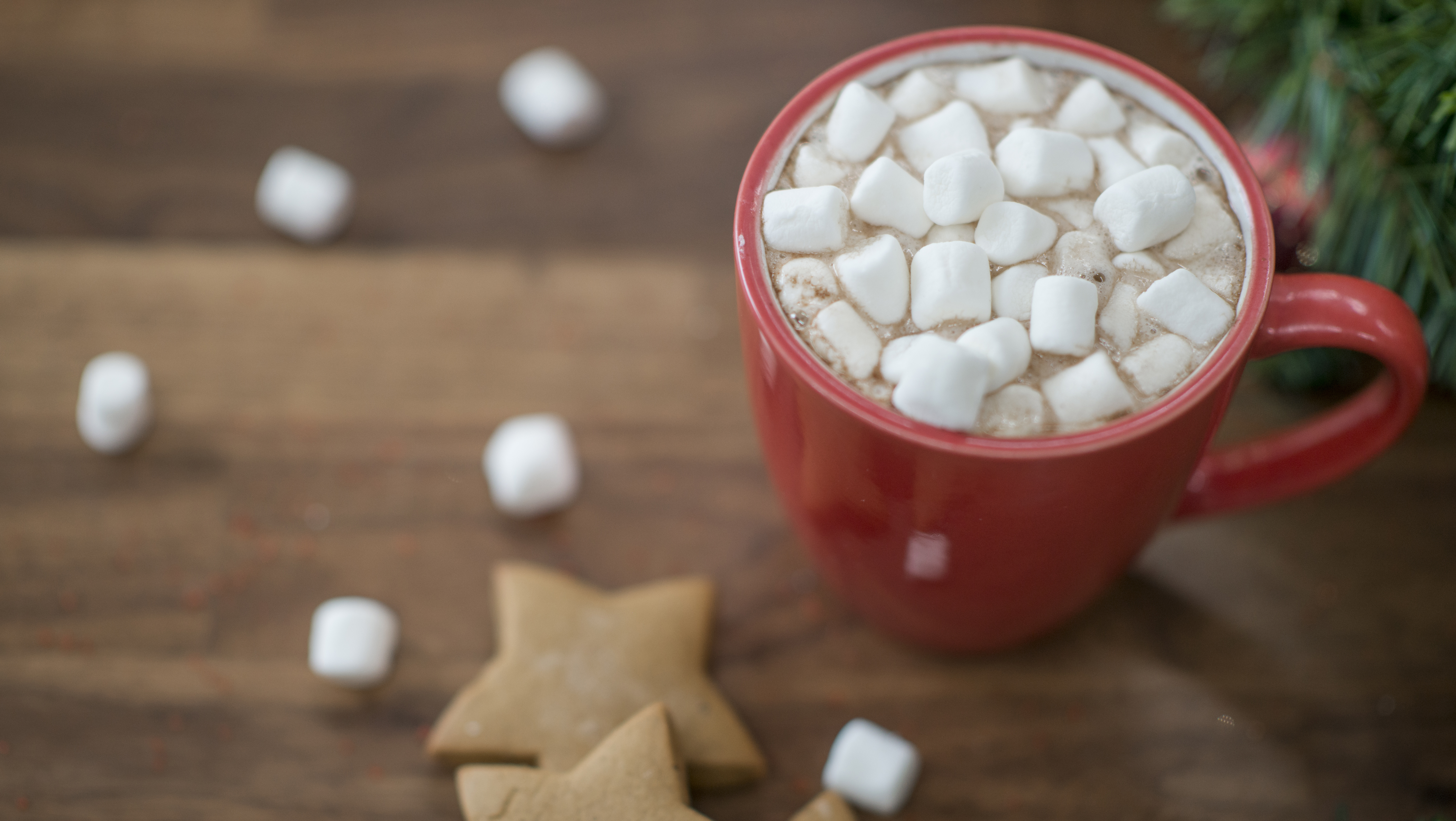 A mug of hot chocolate with marshmallows sits on a wooden table. A mug of hot chocolate with marshmallows sits on a wooden table.