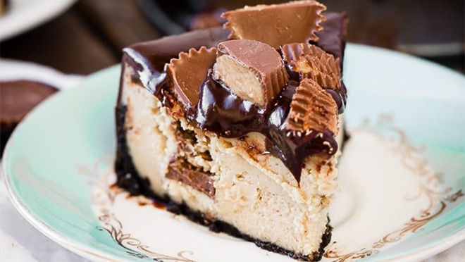 A slice of peanut butter cheesecake on a plate