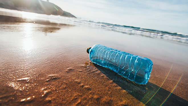 Image of a discarded PET bottle on a pristine beach