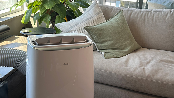 Portable air conditioner in an apartment living room