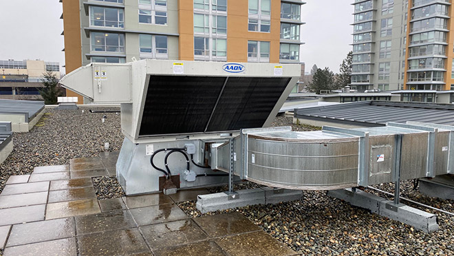 A rooftop heat pump on a UBC student residence building