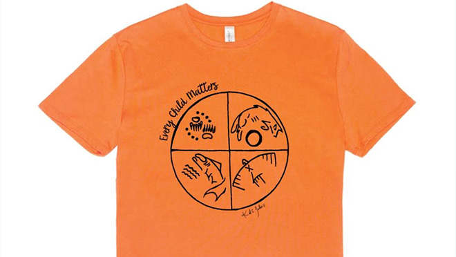 Image of an Orange Shirt Day t-shirt designed by Secwépemc and Syilx artist Kel-c Jules