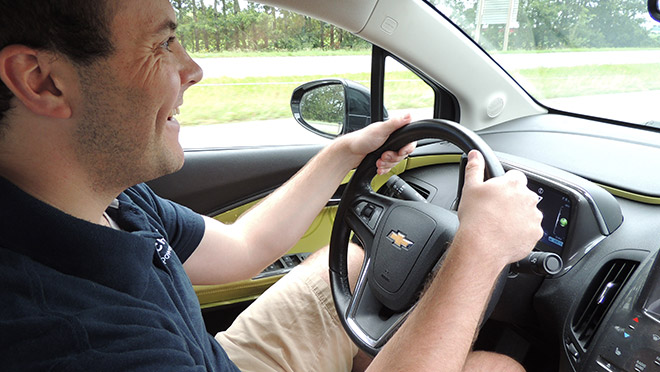 Image of BJ Mayer driving a BC Hydro Chevrolet Volt Image of BJ Mayer driving a BC Hydro Chevrolet Volt