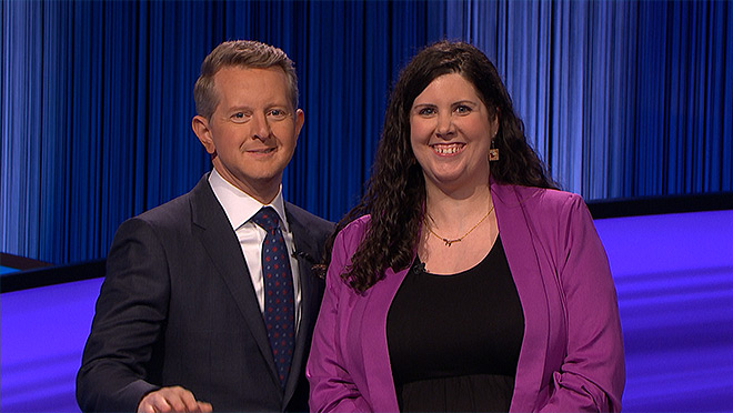 Jeopardy! host Ken Jennings and contestant Chelsea Watt, a BC Hydro employee communications manager