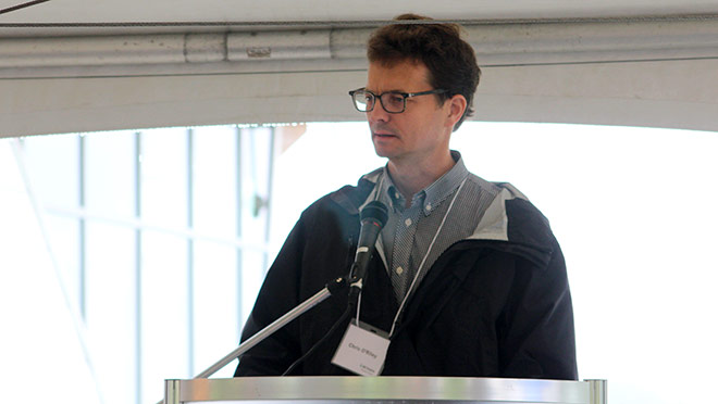 Image of BC Hydro President Chris O'Riley speaking at the opening for the Bennett Dam First Nations gallery Image of BC Hydro President Chris O'Riley speaking at the opening for the Bennett Dam First Nations gallery