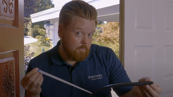 Person shows how to use weatherstripping to seal an entry door