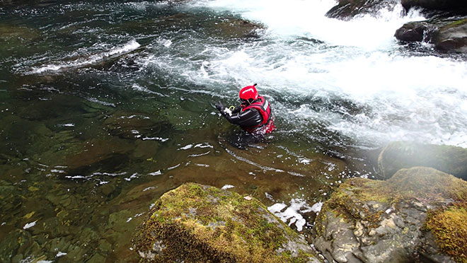 Image of contractor in snorkelling gear counting fish at Elk Falls Canyon Image of contractor in snorkelling gear counting fish at Elk Falls Canyon