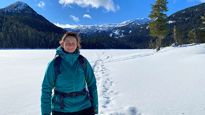 BC Hydro senior environmental coordinator Eva Wichmann snowshoeing at Strathcona Park on Vancouver Island