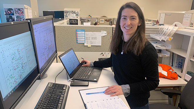 BC Hydro's Jen Evans working in a BC Hydro office