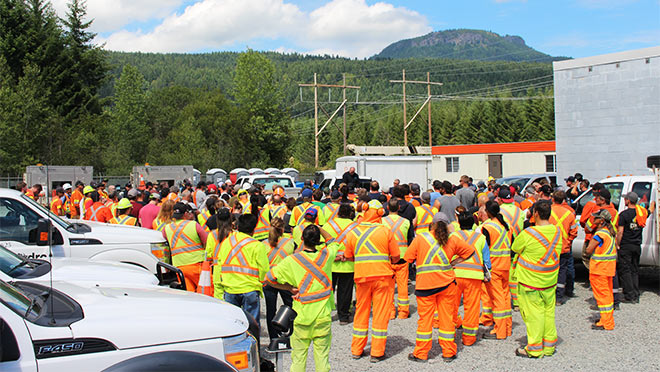 Image of line crew gathered for a one-day repair work in the Lake Cowichan area Image of line crew gathered for a one-day repair work in the Lake Cowichan area