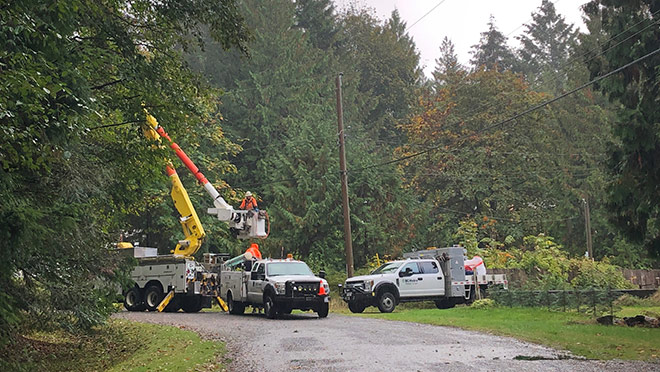 Image of a BC Hydro line crew working to restore a power outage during a storm
