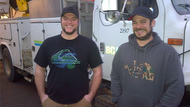 Image of BC Hydro power line technicians Chris McClinton and Shawn Quast Image of BC Hydro power line technicians Chris McClinton and Shawn Quast