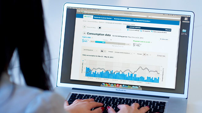 A person using a laptop to view an online electricity consumption dashboard with charts and cost information.