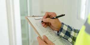 Inspector or engineer is inspecting construction and quality assurance new house using a checklist.