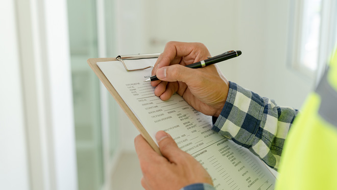 Inspector or engineer is inspecting construction and quality assurance new house using a checklist. Inspector or engineer is inspecting construction and quality assurance new house using a checklist.