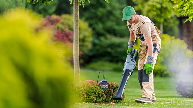 Image of a man using an electric leaf blower