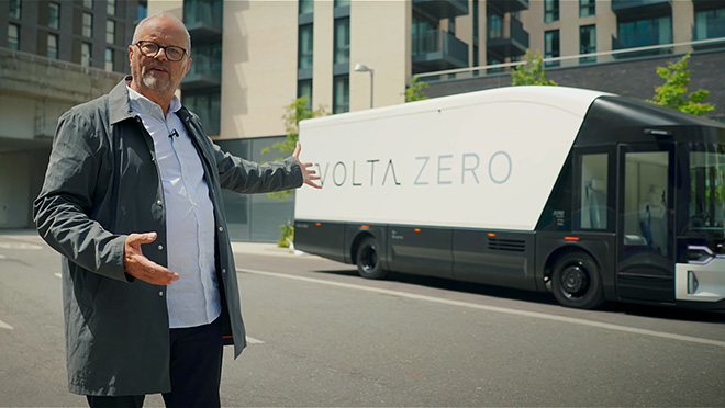 Fully Charged CEO and founder Robert Llewellyn and an electric truck