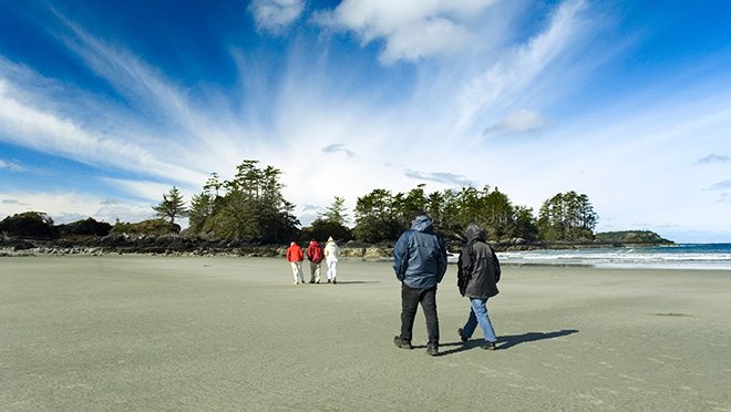 People walking on a beach in Tofino People walking on a beach in Tofino