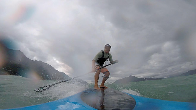 Paddleboarder in windstorm in Howe Sound Furry Creek's Greg McMillan hopped aboard his stand-up paddleboard to brave the August 29, 2015 windstorm, and reached speeds of up to 25 kilometres per hour on the board.