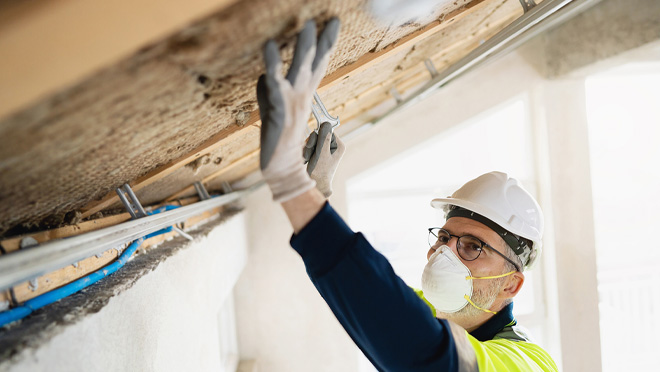 A professional worker in protective gear installing insulation in a residential building's attic. A professional worker in protective gear installing insulation in a residential building's attic.