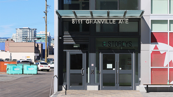 Photo of the entrance to the Storeys building owned by S.U.C.C.E.S.S.