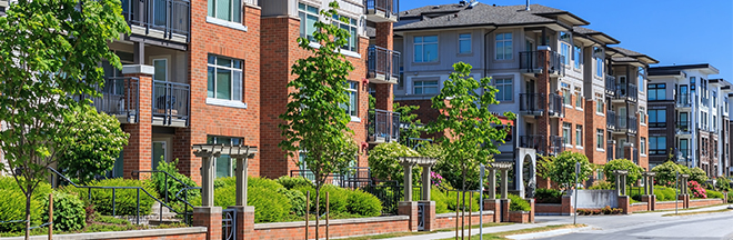 Modern apartment buildings in Richmond, British Columbia, Canada.