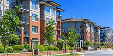 Modern apartment buildings in Richmond, British Columbia, Canada.