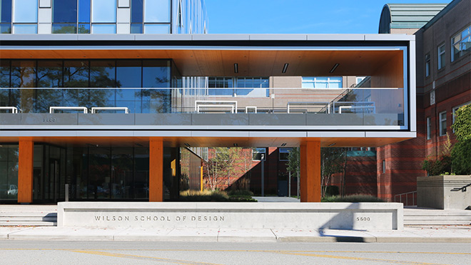 Front facade photo of Kwantlen University's Wilson School of Design sign Front facade photo of Kwantlen University's Wilson School of Design sign