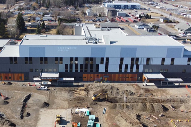 Aerial view of Mills Memorial Hospital and its surrounding construction Aerial view of Mills Memorial Hospital and its surrounding construction