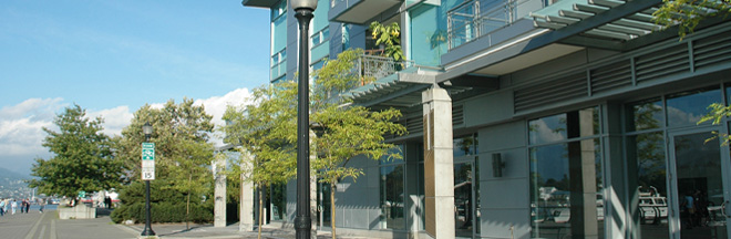 Modern building with large glass windows along a tree-lined walkway on a sunny day.