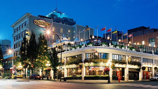 Image of Victoria's Strathcona Hotel at night Image of Victoria's Strathcona Hotel at night