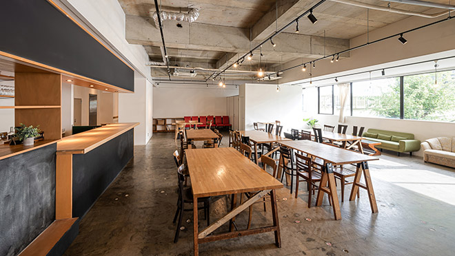 Brightly-lit interior of a trendy cafe