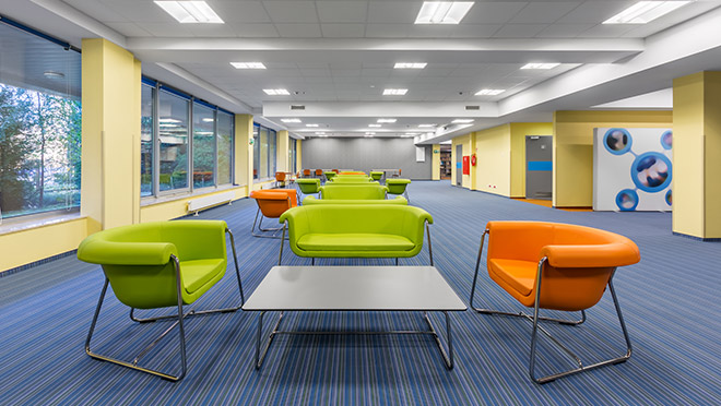 A bright, colourful, and open lobby space