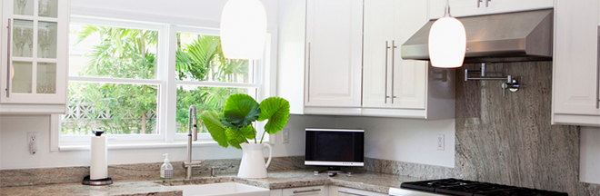 Photo of a kitchen area facing the windows