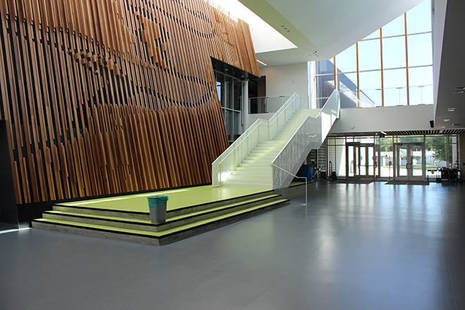 Hallway woodwork at Shas Ti Kelly Road Secondary School, Prince George