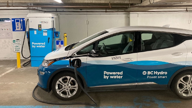 A BC Hydro Chevrolet Bolt charges at a new BC Hydro EV fast-charging station in Whistler, B.C.