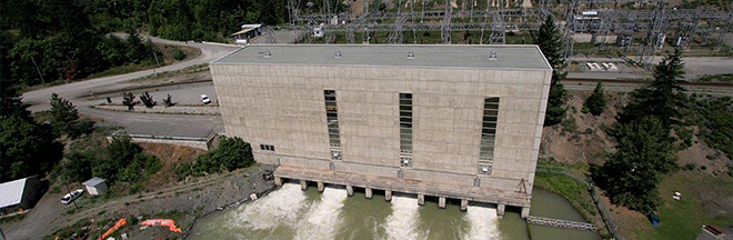 Aerial view of the Bridge River powerhouse