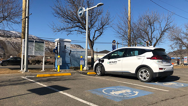 Image of a Chevrolet Bolt charging at BC Hydro charging station in Cache Creek, B.C.